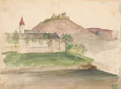 斯吉格利吉特城堡遗址景观`View Of The Castle Ruins In Szigliget (1860) by Vojtech Klimkovič