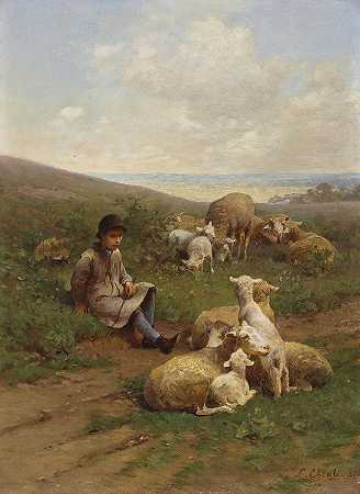 带着羊群的年轻牧羊人`A Young Shepherd With His Flock by Luigi Chialiva