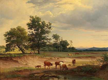 牧民在莫德林附近休息的开阔景观`Open Landscape with Herdsman Resting near Mödling by Josef Feid