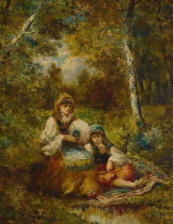 波希米亚人在森林中的休息（草图）`Repos de bohémiennes en forêt (esquisse) by Narcisse-Virgile Diaz de La Peña