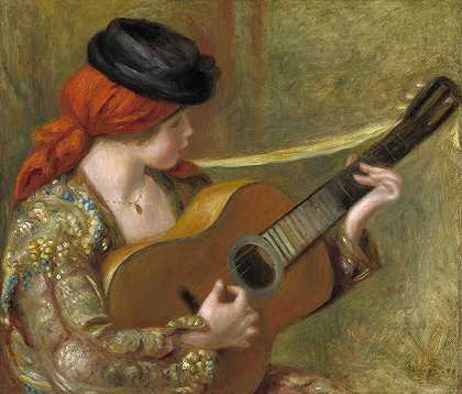 拿着吉他的西班牙年轻女子`Young Spanish Woman with a Guitar (1898) by Pierre-Auguste Renoir