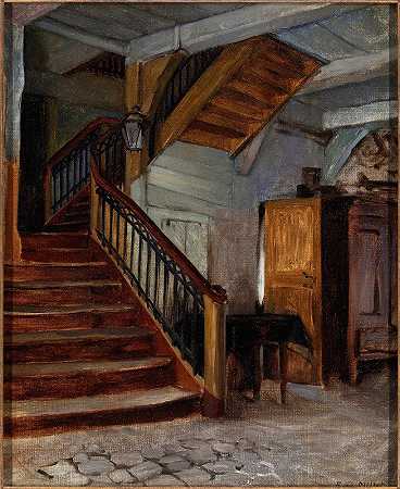 室内有蜿蜒的楼梯`Room Interior with Winding Staircase by Francis Davis Millet
