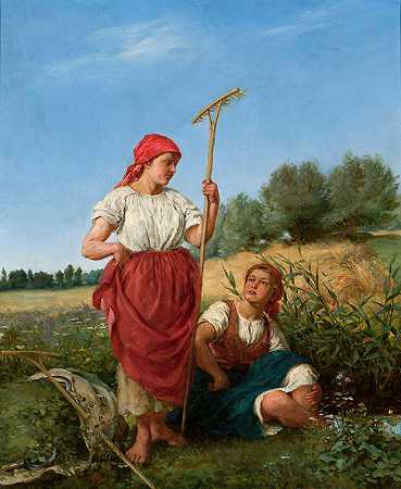 收割妇女`Harvesting women (1879) by Kazimierz Pochwalski