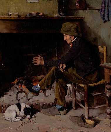 一个男人在壁炉前牵着他的狗`Man with his Dog before a Hearth (1884) by Benjamin West Clinedinst