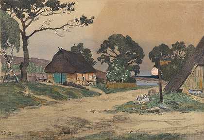 海德多夫之夜`Abend im Haidedorf (1910) by Paul Müller-Kaempff