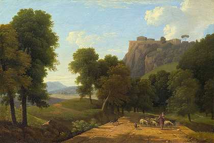 牧羊人和他的羊群`Shepherd with his Flock (c. 1820) by Jean-Victor Bertin