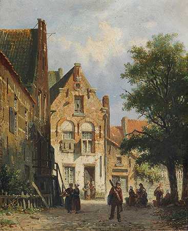 荷兰小镇的热闹街景`Belebte Strassenszene in einem holländischen Städtchen (ca. 1880~1885) by Adrianus Eversen