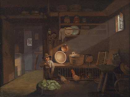 厨房里的农夫男孩`Bauernbub in der Vorratskammer (1837) by Ignaz Raffalt