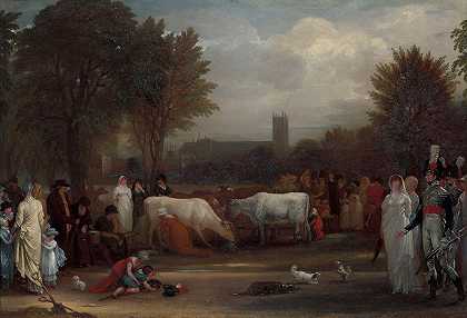 圣詹姆斯的挤奶女工威斯敏斯特大教堂s公园`Milkmaids in St. Jamess Park, Westminster Abbey Beyond (ca. 1801) by Benjamin West