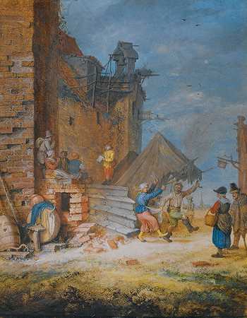 农民们在一座摇摇欲坠的城堡旁载歌载舞`Peasants Dancing And Singing By A Crumbling Castle by Gerrit Adriaensz. de Heer