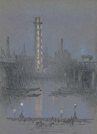 从堤岸发射带夜灯的炮塔`Shot Tower with night lights, from Embankment (1880) by Joseph Pennell