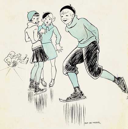 男孩滑过两个女孩`Jongen schaatsend langs twee meisjes (1928) by Miep de Feijter