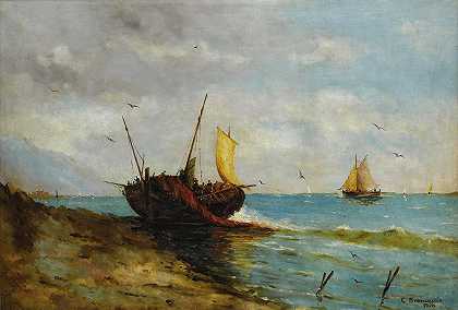 海岸风光，船在岸边`Coastal View with Boats Along the Shore by Carlo Brancaccio