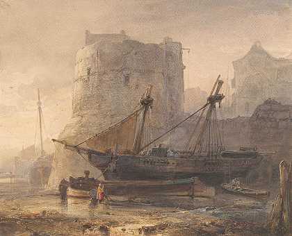 法国港口的低潮船只`Schepen bij laag water in een Franse haven (1836) by Wijnand Nuijen