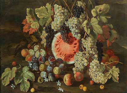 风景中的静物，有葡萄、西瓜、无花果和苹果`Still Life In A Landscape, With Grapes, Watermelons, Figs And Apples by Giovanni Battista Ruoppolo