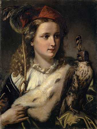 拿着猎鹰的年轻诺贝尔女性`Young Nobel Woman with a Falcon (1856) by Ernst Stückelberg