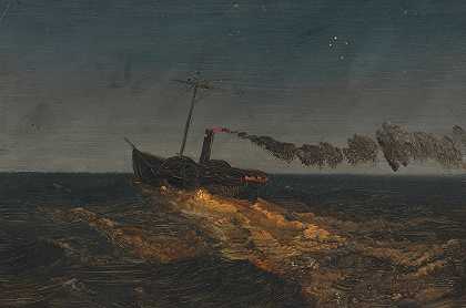 黄昏的划桨汽船`Paddle steamer at dusk (ca. 1853) by Frederic Edwin Church