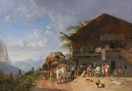 在山上的一家客栈前休息`Rast vor einem Gasthof in den Bergen (1846~1857) by Heinrich Bürkel