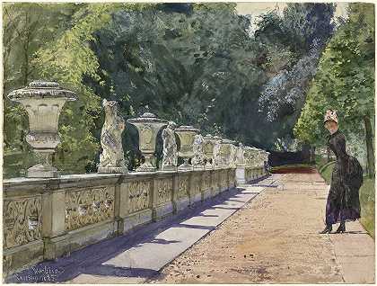 漫步在Sanssoci的公园里`A Promenade in the Park at Sanssouci (1885) by Franz Skarbina