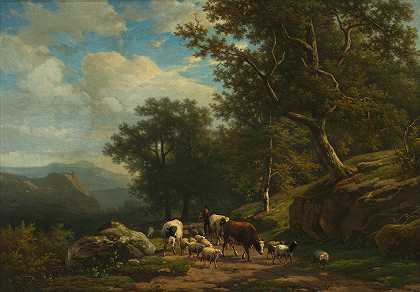 一个农民和他的羊群`Landscape with a Peasant and His Flock (c. 1850 ~ 1859) by Alexander Joseph Daiwaille