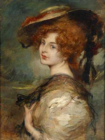 一位红发戴帽子的女士的肖像`Bildnis einer Dame mit rotem Haar und Hut by Leopold Schmutzler