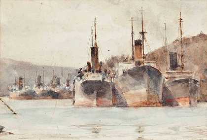 停泊在法尔河哈利国王渡口附近的船只`Ships Moored Near King Harry Ferry, On The River Fal by Henry Scott Tuke