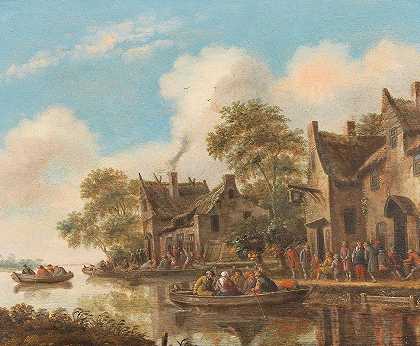 有渡船和酒馆的河流景观`River landscape with ferry boats and a tavern by Thomas Heeremans