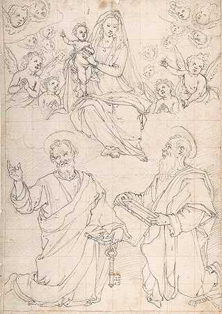 圣母玛利亚和孩子在天使的荣耀中出现在圣彼得和圣保罗`Virgin and Child Appearing in a Glory of Angels to Saint Peter and Saint Paul (1551–1640) by Jacopo da Empoli
