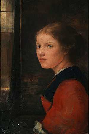 窗边的年轻女孩`Junges Mädchen am Fenster (Ca. 1870~1890) by Ludwig Löfftz