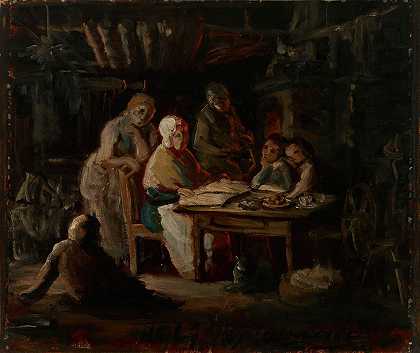周日晚上在奶奶家s（祖母的生日），素描`Sunday Night At Grandmas (Grandmothers Birthday), Sketch (1861) by Robert Wilhelm Ekman