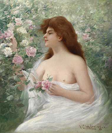 采摘玫瑰的年轻女子`Junge Frau Rosen pflückend (by 1907) by Alfred Glendening jr.
