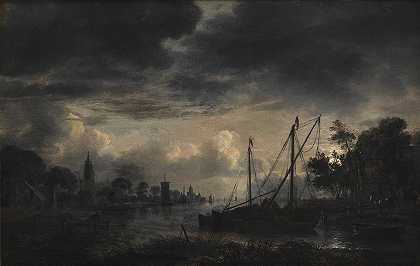 月光下的河流景观`River Landscape in Moonlight (1643 – 1646) by Aert van der Neer