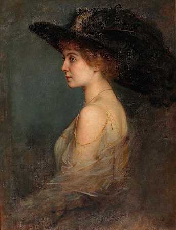 一位戴着大羽毛帽子的女士的侧面肖像`Profilportrait einer Dame mit großem federgeschmücktem Hut by Arthur Von Ferraris