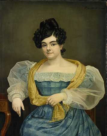 约翰内斯·普洛斯·范·阿姆斯特尔的妻子阿德里安娜·乔安娜·范·威克的肖像`Portrait of Adriana Johanna van Wijck, Wife of Johannes Ploos van Amstel (1829) by Petrus van Schendel