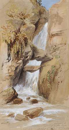 瀑布，圣奈顿s基夫、廷塔格尔、康沃尔`Waterfall, St Knightons Kieve, Tintagel, Cornwall (1842) by Clarkson Stanfield