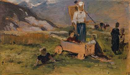 在草地上玩耍的孩子们`Children Playing on a Meadow (1898) by Ernst Stückelberg