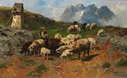 牧童在山上放羊`Hirtenjunge mit Schafen im Gebirge (1904) by Christian Friedrich Mali