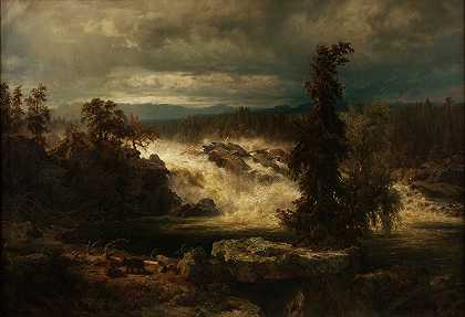 挪威康斯伯格附近的拉布罗瀑布`Die Labrofälle bei Kongsberg in Norwegen (1859) by August Leu