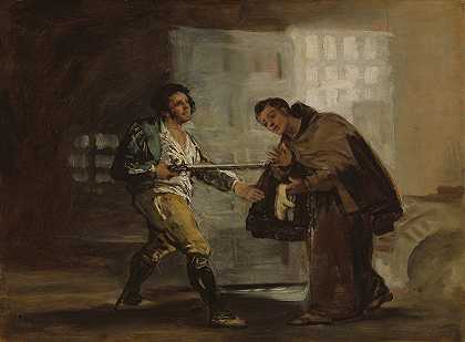 佩德罗修士向马拉加托递上鞋子，准备推开他的枪`Friar Pedro Offers Shoes to El Maragato and Prepares to Push Aside His Gun (c. 1806) by Francisco de Goya