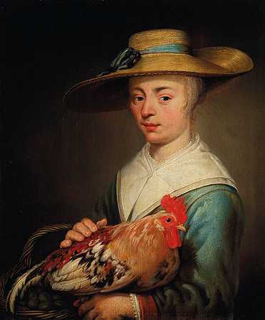 一位年轻女子戴着草帽，手里拿着一只母鸡和一篮子鸡蛋`A young woman wearing a straw hat and holding a hen and a basket of eggs (1652) by Jacob Gerritsz Cuyp