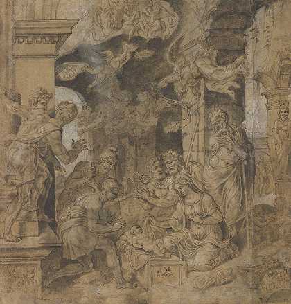 牧羊人的崇拜`The Adoration of the Shepherd (ca. 1532–37) by Maarten Van Heemskerck
