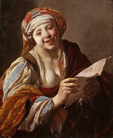 拿着文本纸的年轻女子`Young Woman with a Text Sheet (1628) by Hendrick Ter Brugghen