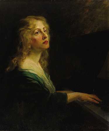 钢琴旁的女人`Woman at the Piano (1906) by Nicholas Richard Brewer