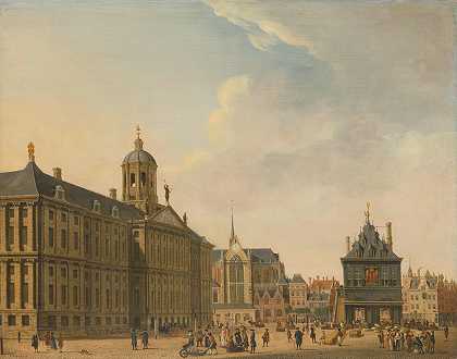 阿姆斯特丹大坝景观`View of the Dam in Amsterdam (c. 1750 ~ c. 1781) by Jan Ekels the elder