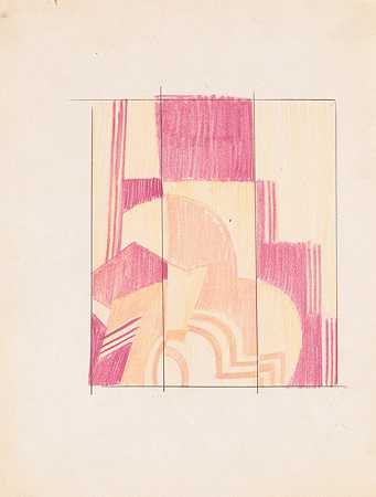 阶梯式、三面板、涂漆装饰性折叠屏风的设计草图。][平面图、立面图和详图]`Design sketches for stepped, three~panel, painted decorative folding screens.] [Drawing of plans, elevation, and details (1925) by Winold Reiss