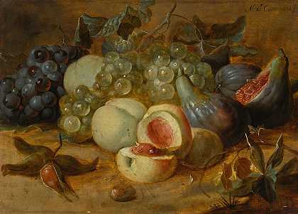 桃子和无花果的静物`Still life with peaches and figs by Alexander Coosemans