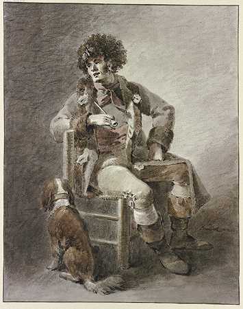 一个人坐在椅子上，手里拿着烟斗，而一只狗`Auf einem Stuhl sitzt ein Mann die Pfeife in der Hand, dabei ein Hund by Abraham Teerlink