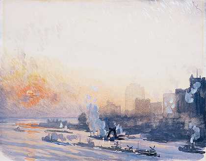 冬季日落，纽约港`Winter Sunset, New York Harbor (circa 1921~1926) by Joseph Pennell