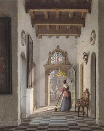 打扫房屋走廊的女孩`Meid die de gang van een huis veegt (1837) by Louis Henri de Fontenay