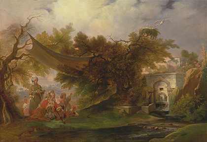 溪流旁有人物的印度风景`Indian Landscape with Figures near a Stream by William Daniell